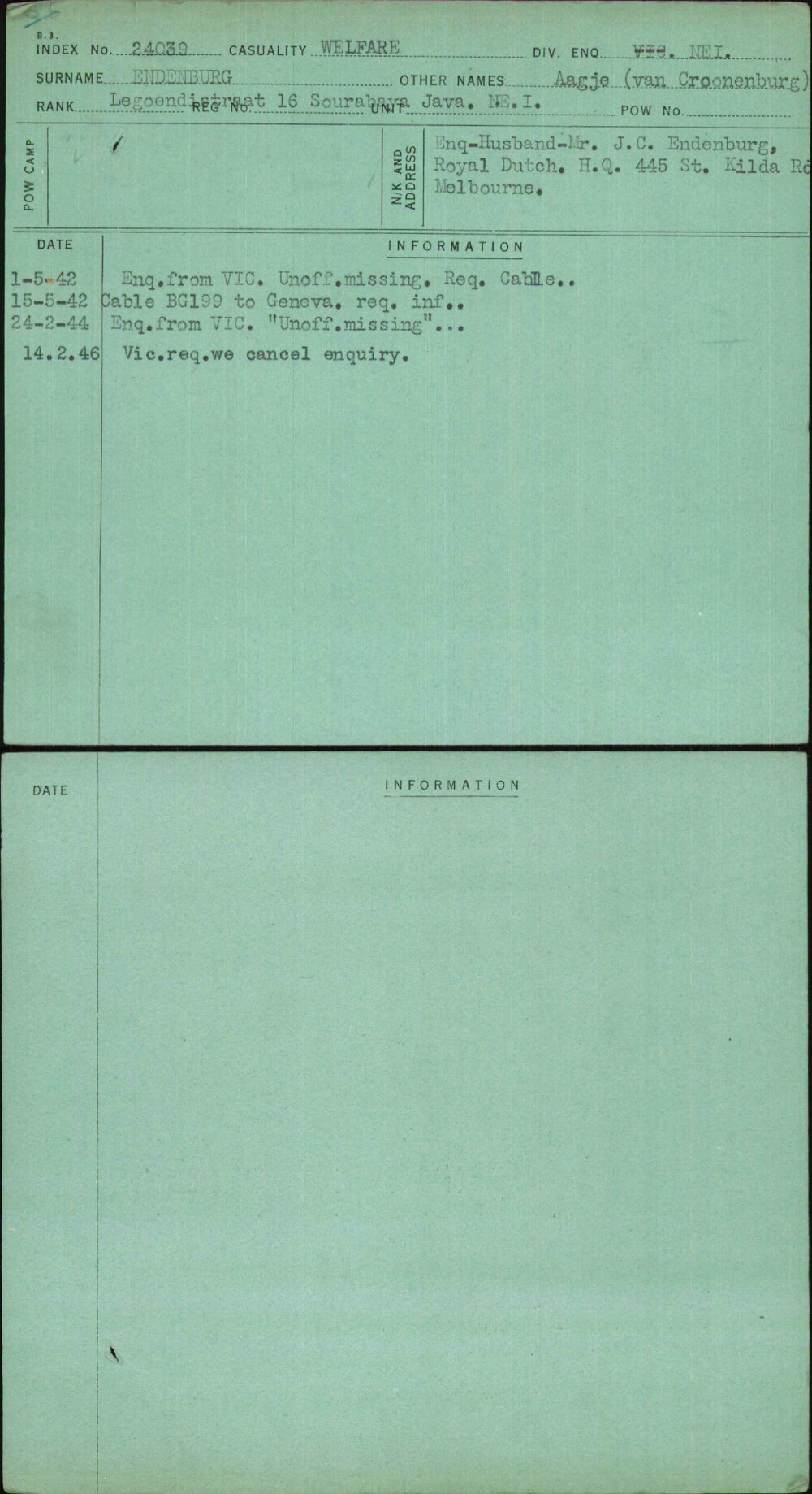 Endenburg, Aagje (Van Croonenburg), [No Service Number]