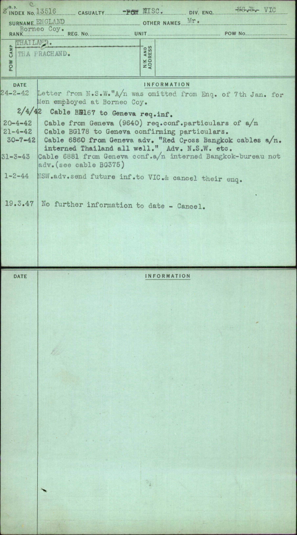 England, Mr, [No Service Number]