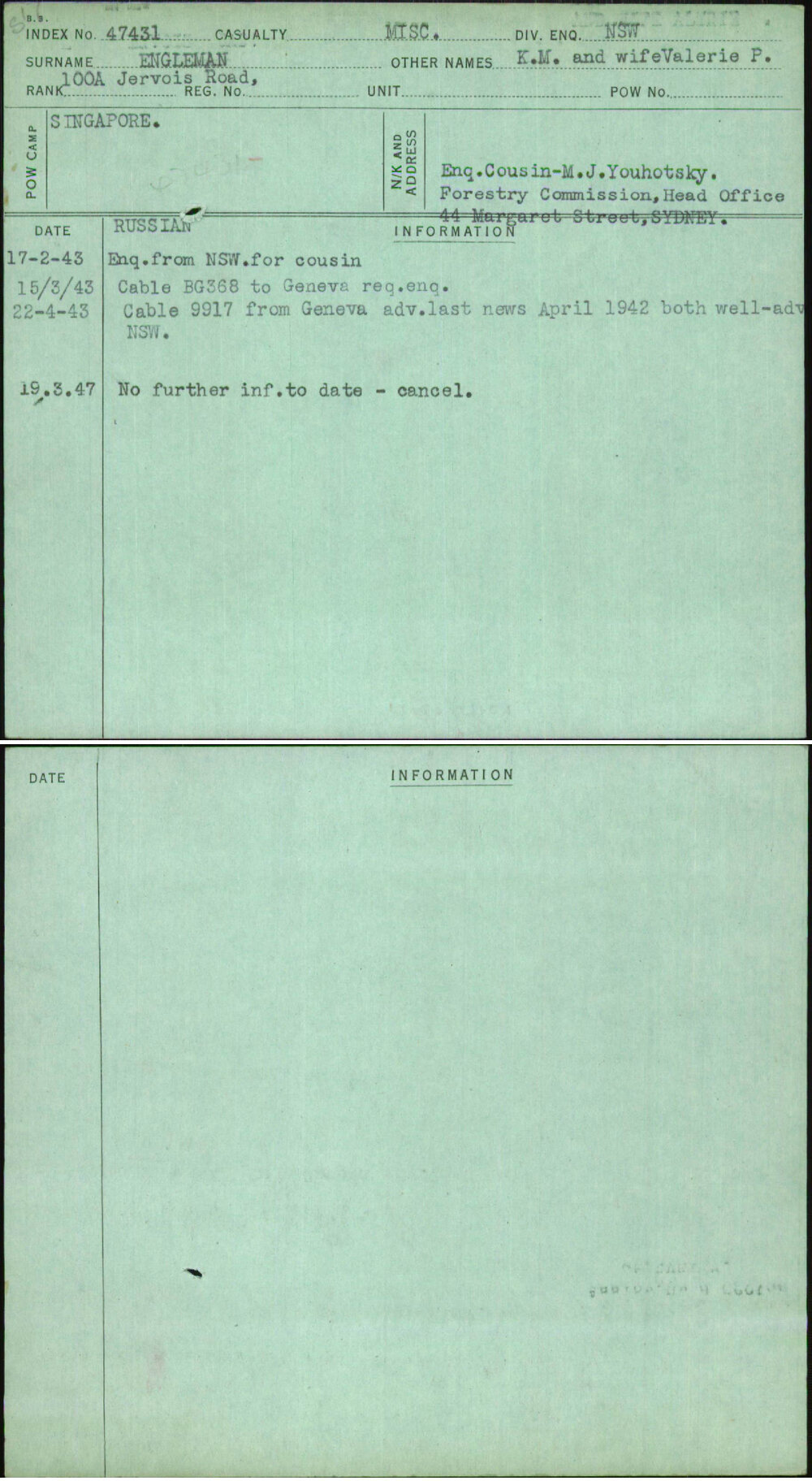 Engleman, K M And Wife Valerie P, [No Service Number]