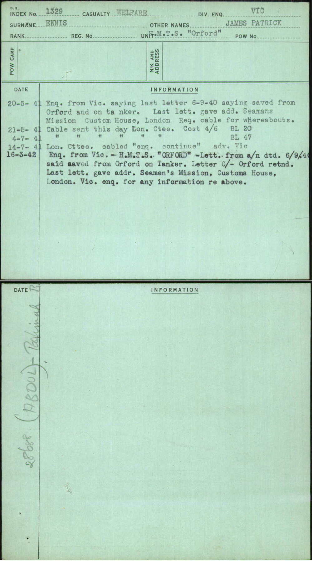 Ennis, James Patrick, [No Service Number]