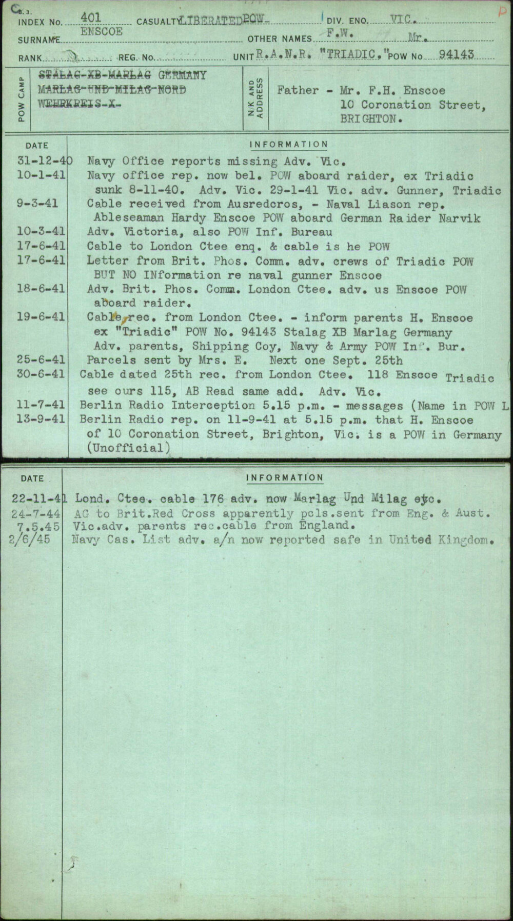 Enscoe, F W Mr, [No Service Number]