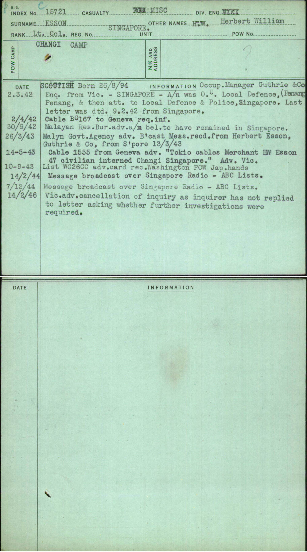 Esson, H W Herbert William, Singapore