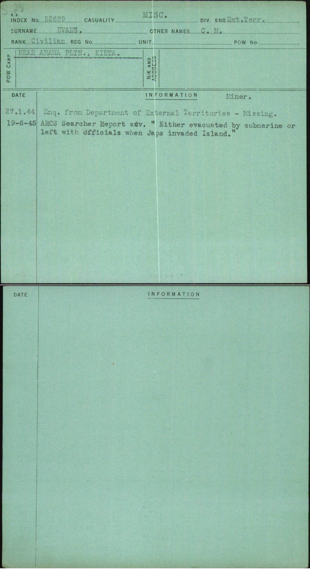 Evans, C M, [No Service Number]