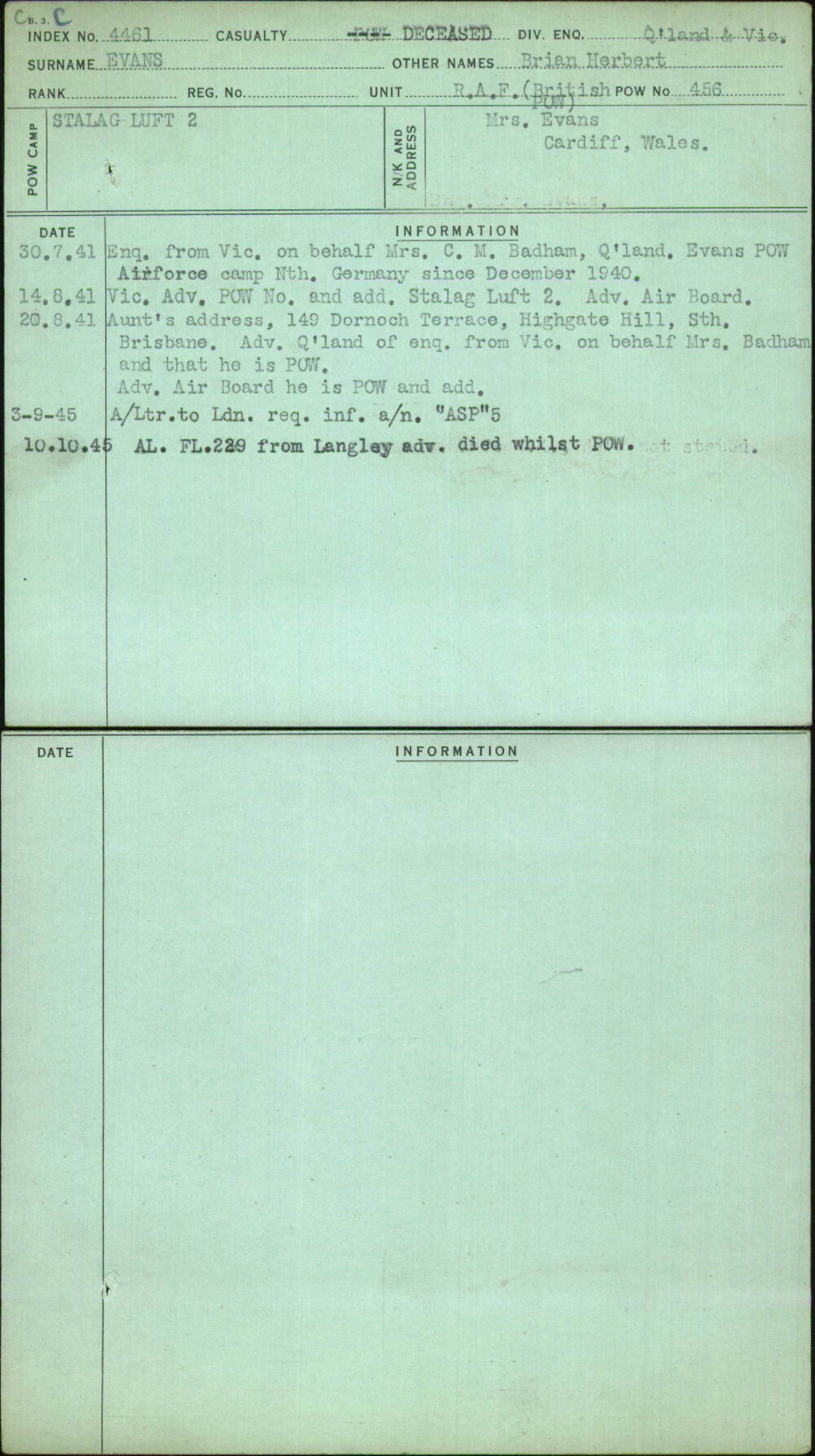 Evans, Brian Herbert, [No Service Number]
