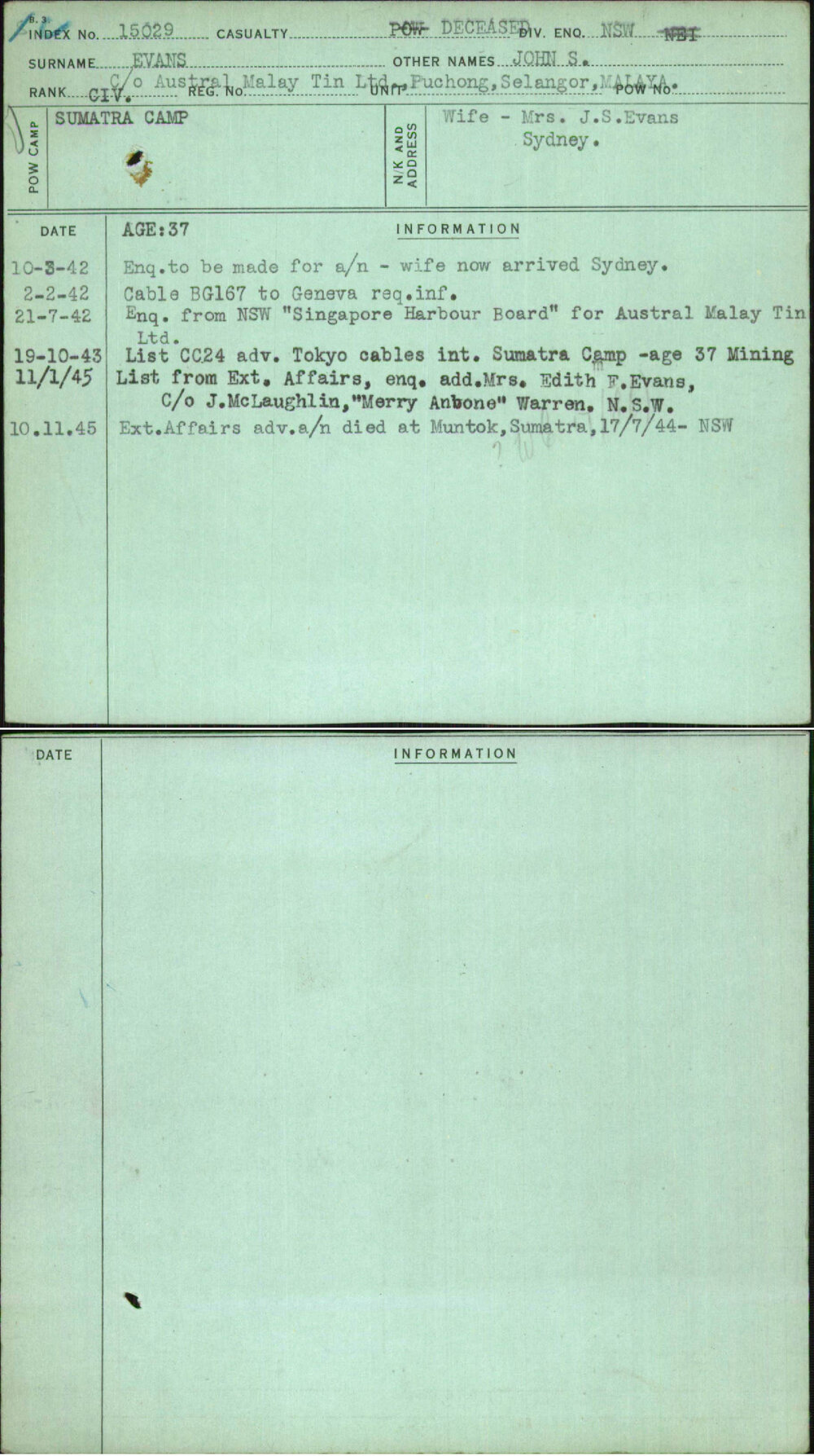 Evans, John S, [No Service Number]