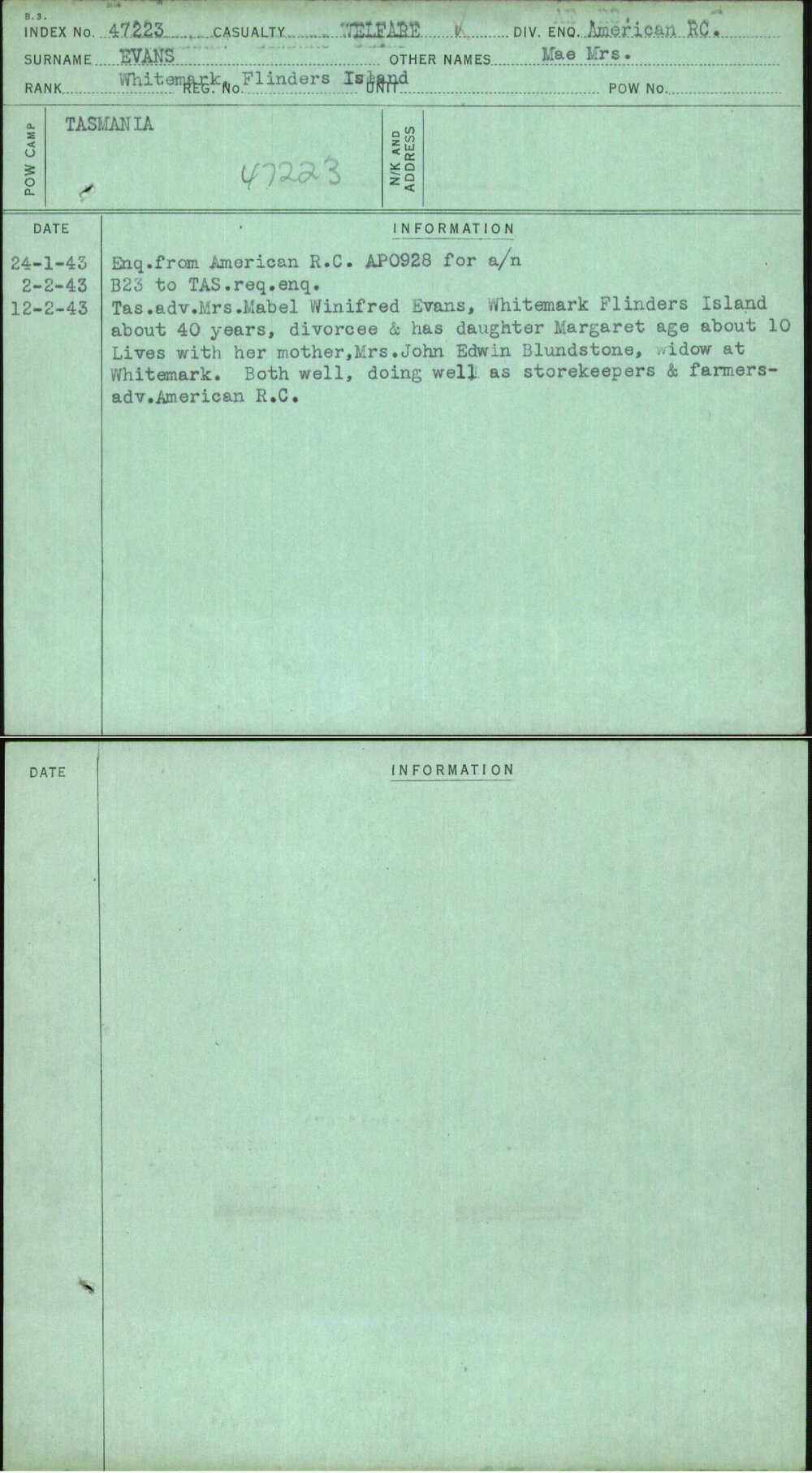 Evans, Mae Mrs, [No Service Number]