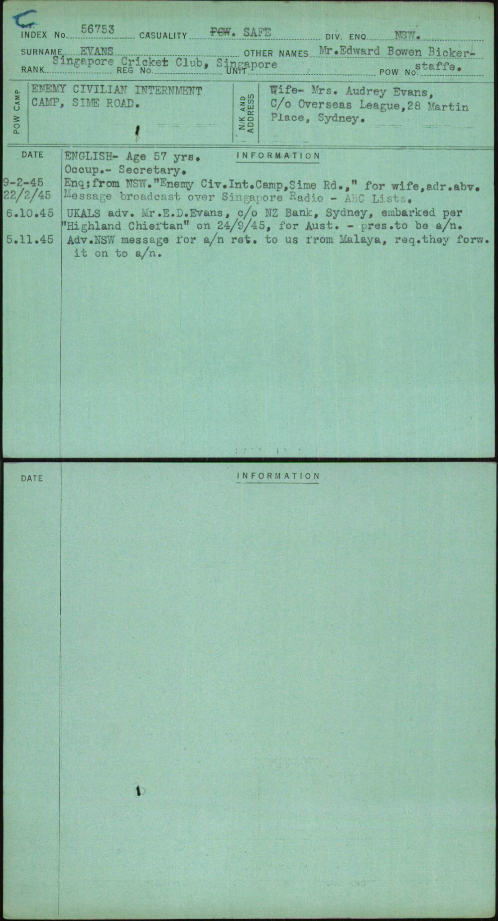 Evans, Mr Edward Bowen Bicker-Staffe, [No Service Number]