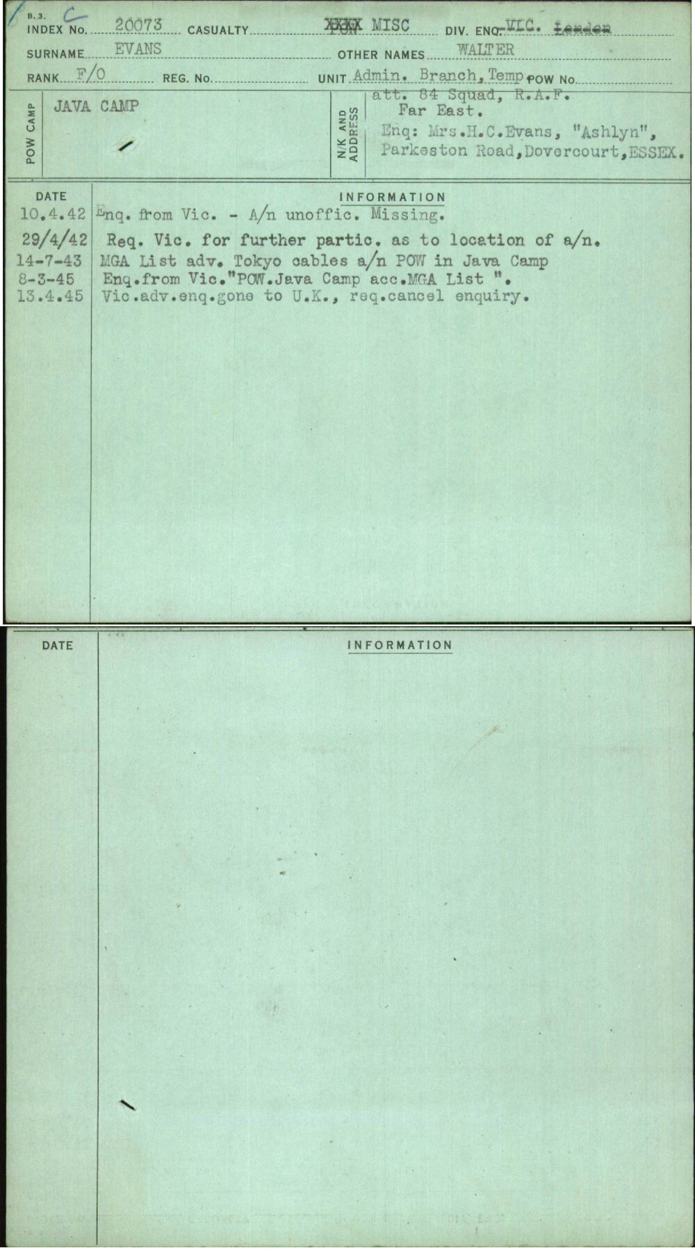 Evans, Walter, [No Service Number]