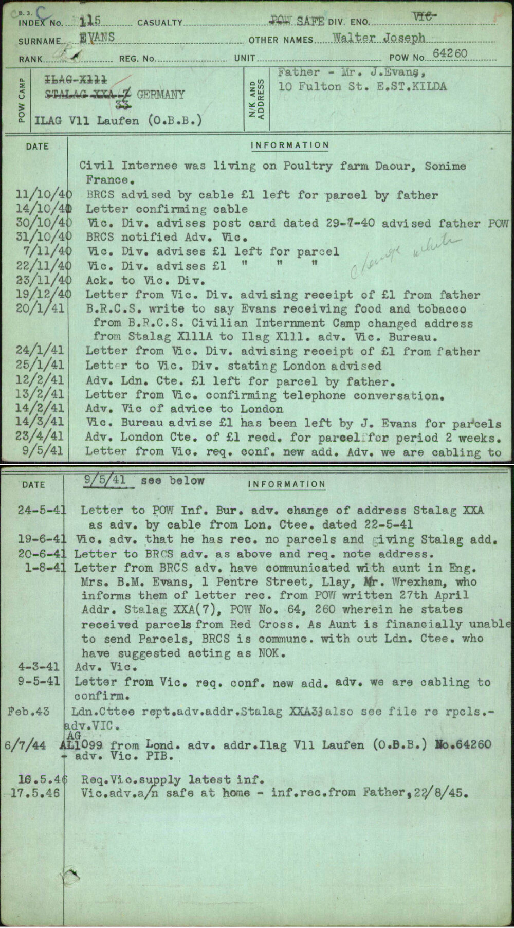 Evans, Walter Joseph, [No Service Number]