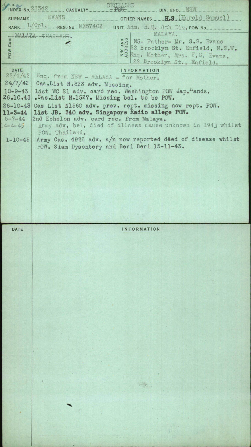 Evans, H S (Harold Samuel), NX57402