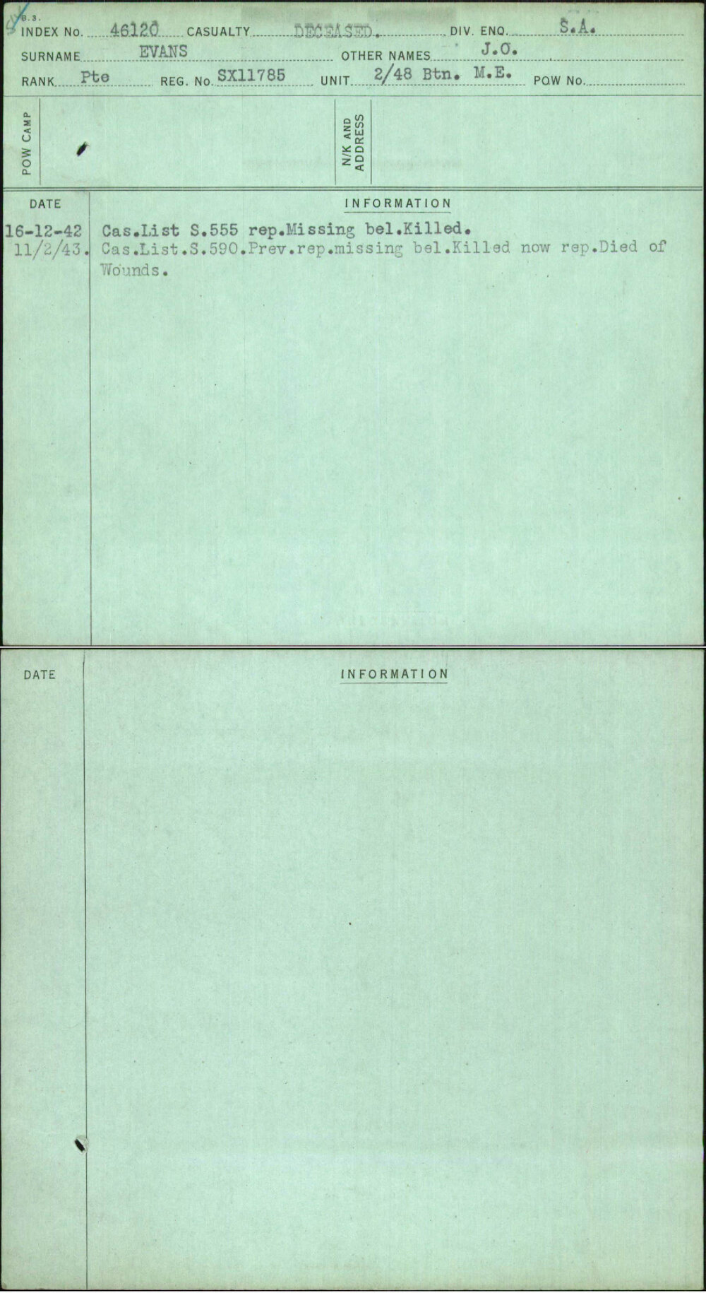 Evans, J O, SX11785