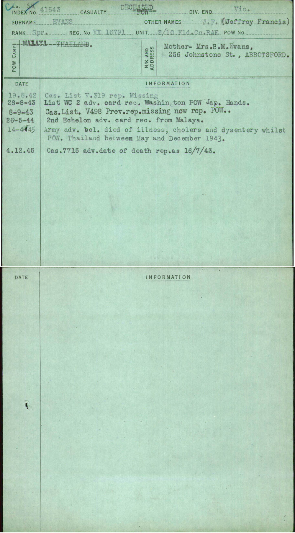Evans, J F (Jeffrey Francis), VX16791
