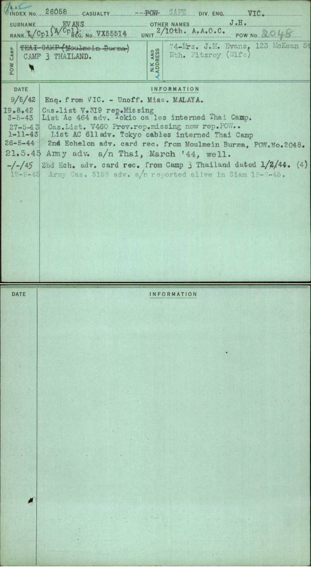 Evans, J H, VX55514