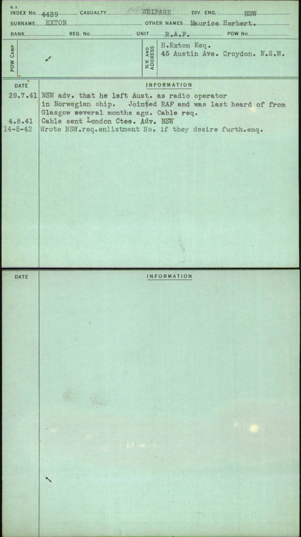 Exton, Maurice Herbert, [No Service Number]