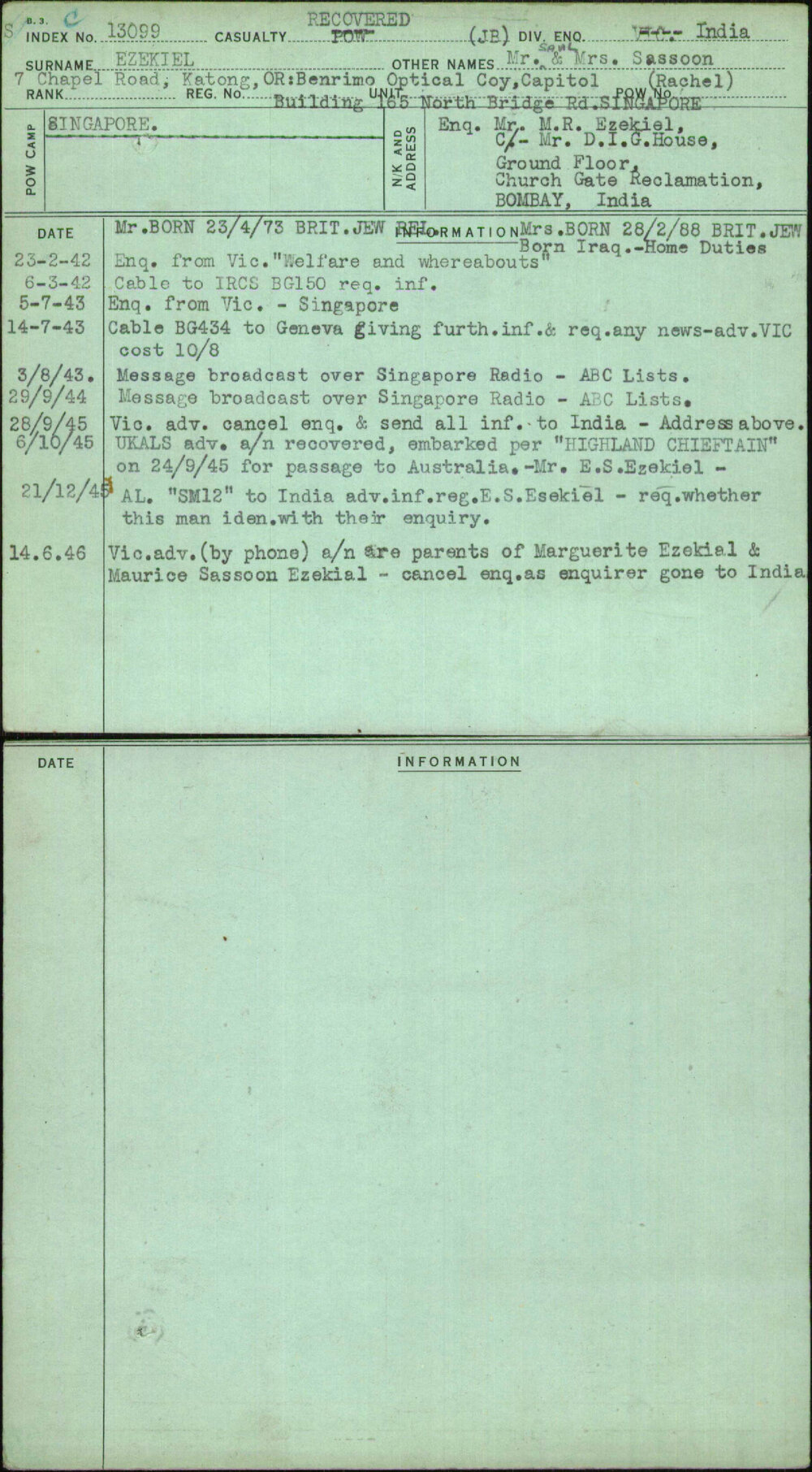 Ezekiel, Mr &amp; Mrs Sassoon (Rachel), [No Service Number]