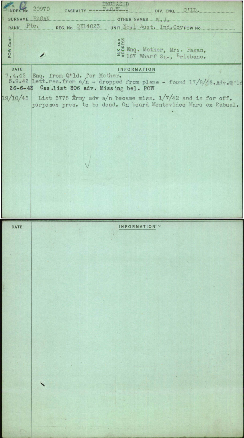 Fagan, W J, QX14023