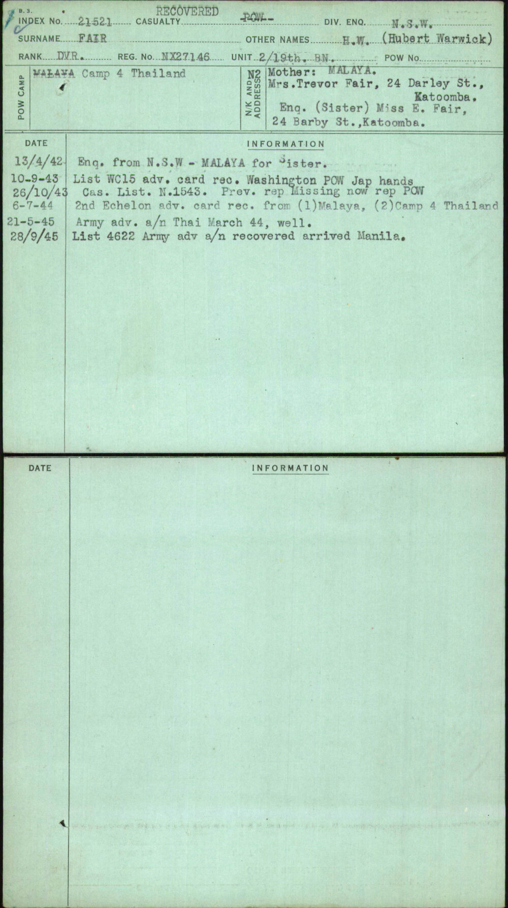 Fair, H W (Hubert Warwick), NX27146