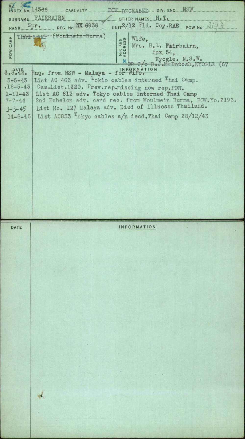 Fairbairn, H T, NX6936