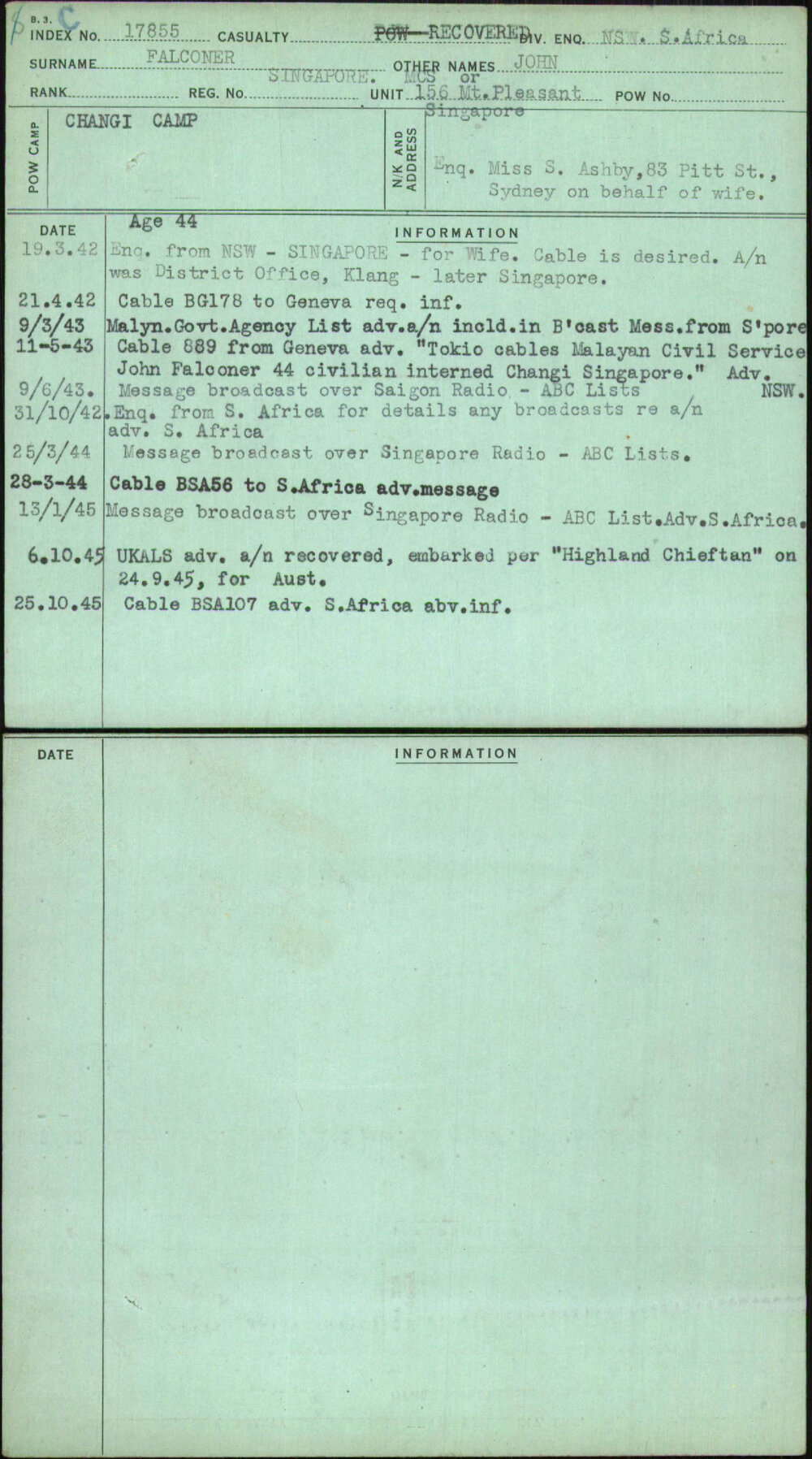 Falconer, John, Singapore