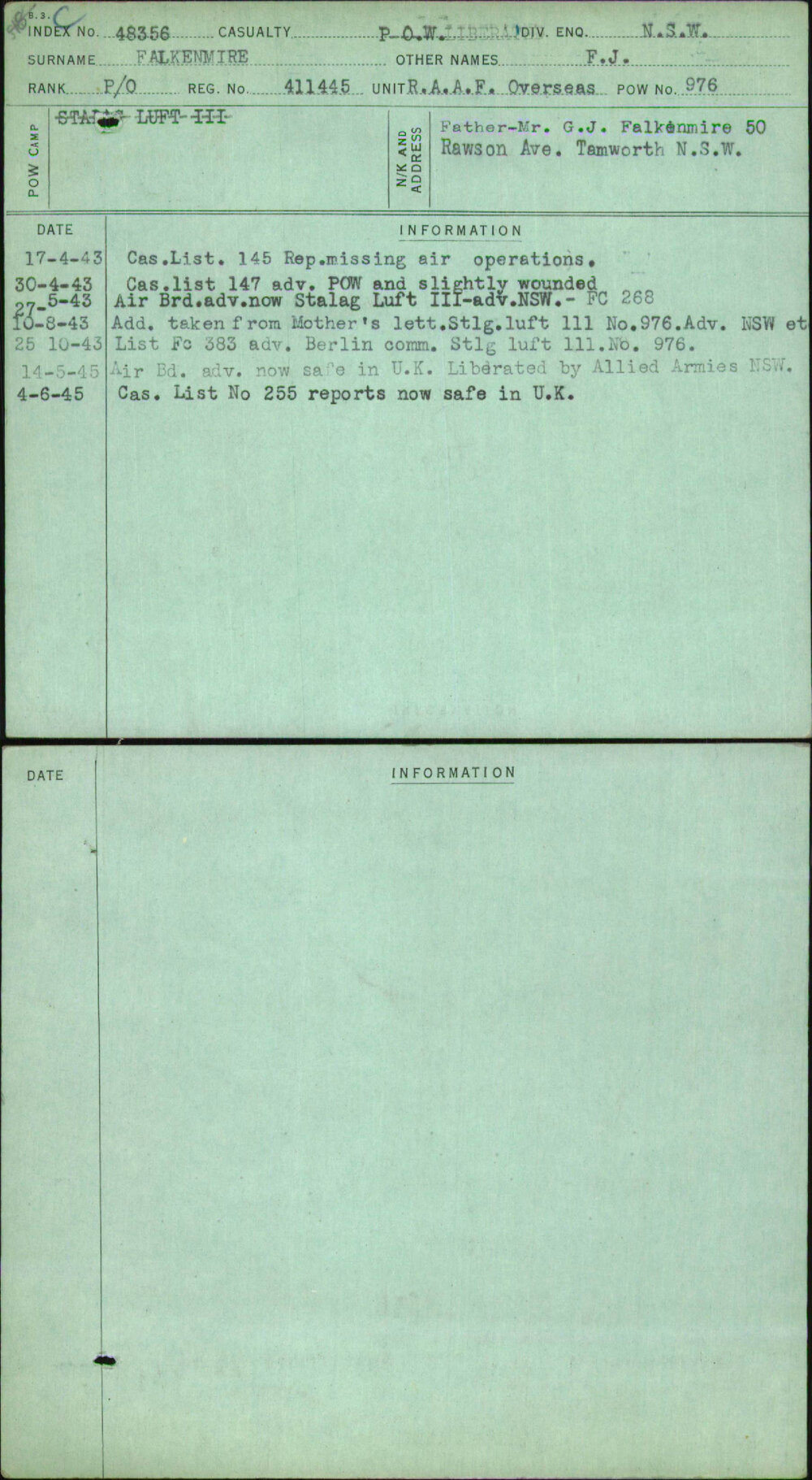 Falkenmire, F J, 411445