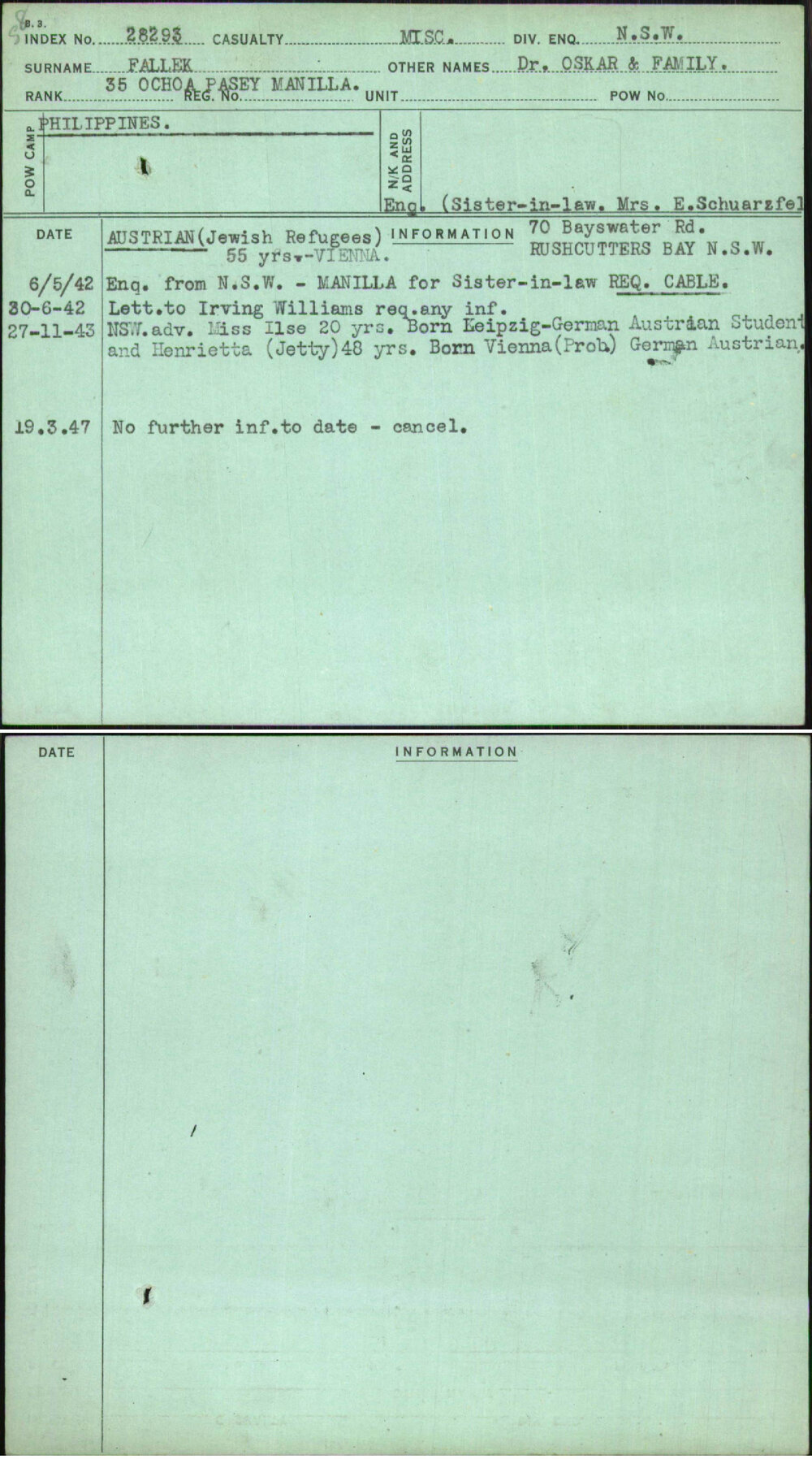 Fallek, Dr Oskar &amp; Family, [No Service Number]