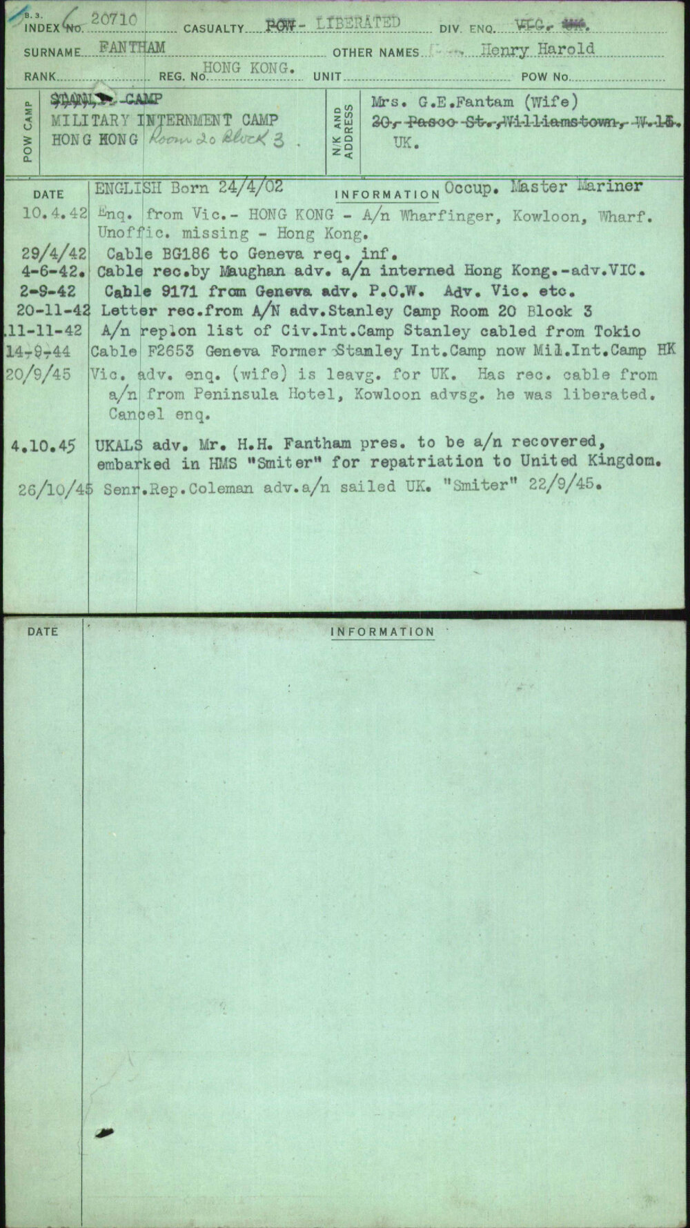 Fantham, Henry Harold, Hong Kong