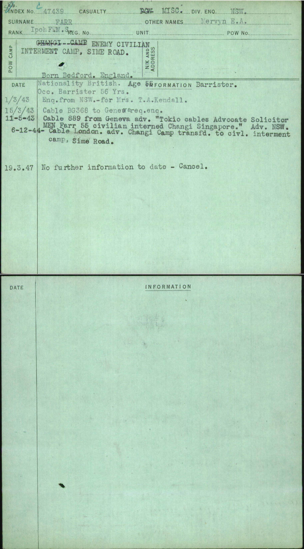 Farr, Mervyn E A, [No Service Number]