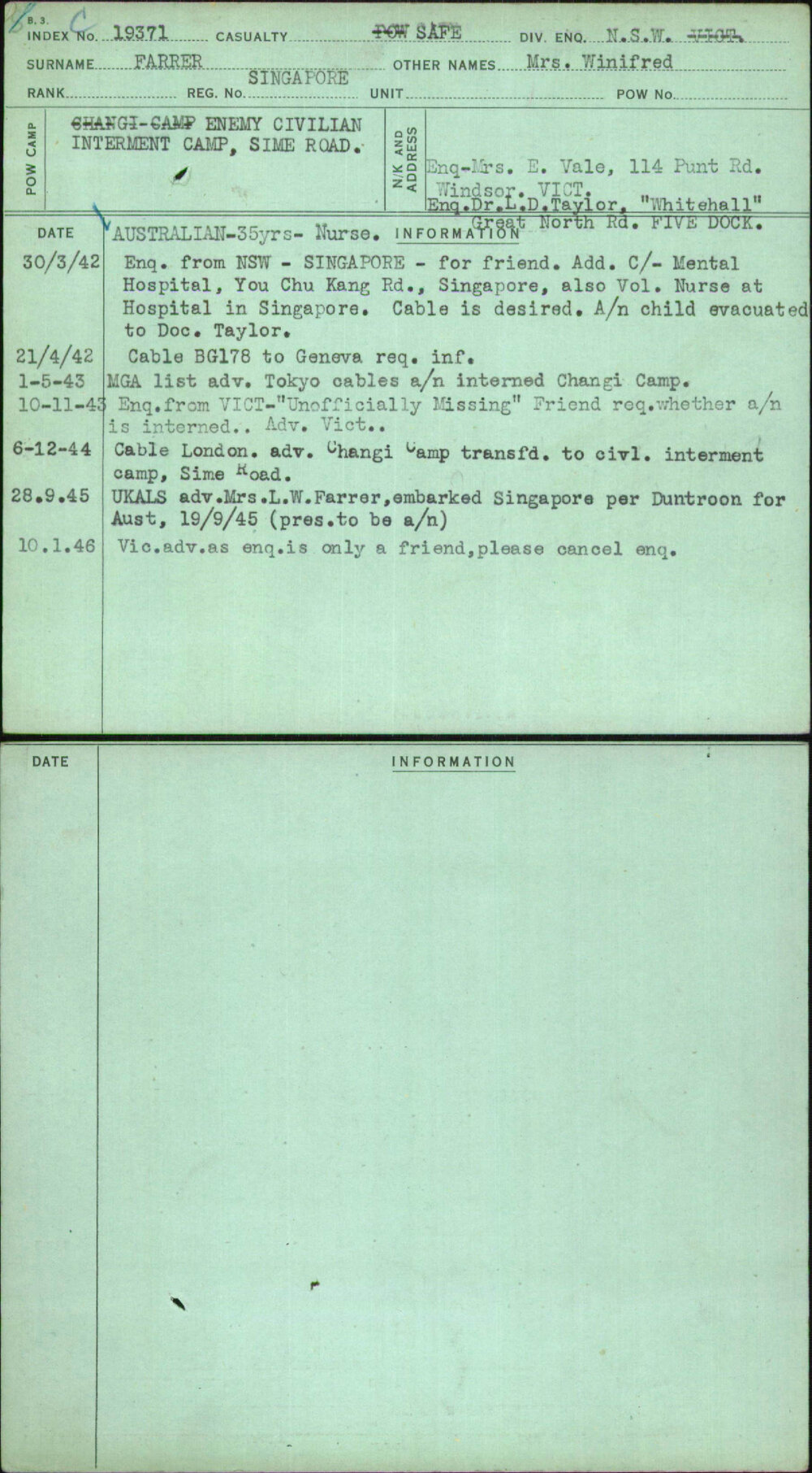 Farrer, Mrs Winifred, Singapore