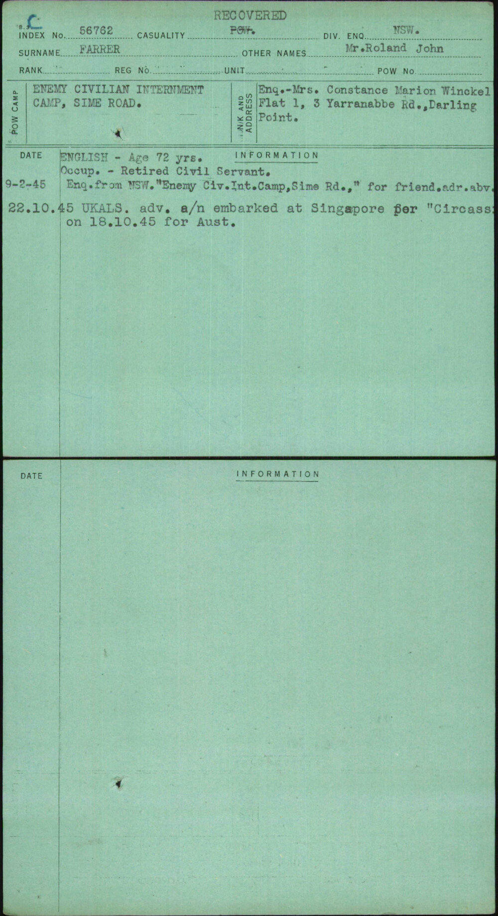 Farrer, Mr Roland John, [No Service Number]