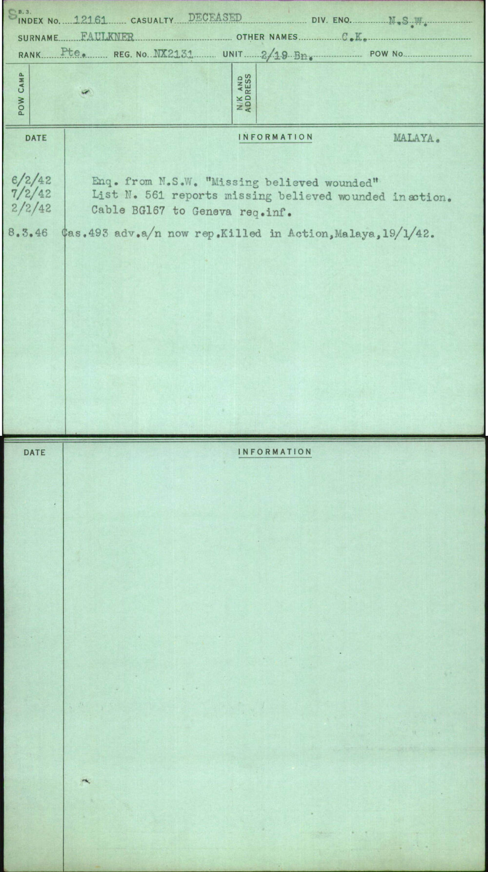 Faulkner, C K, NX2131