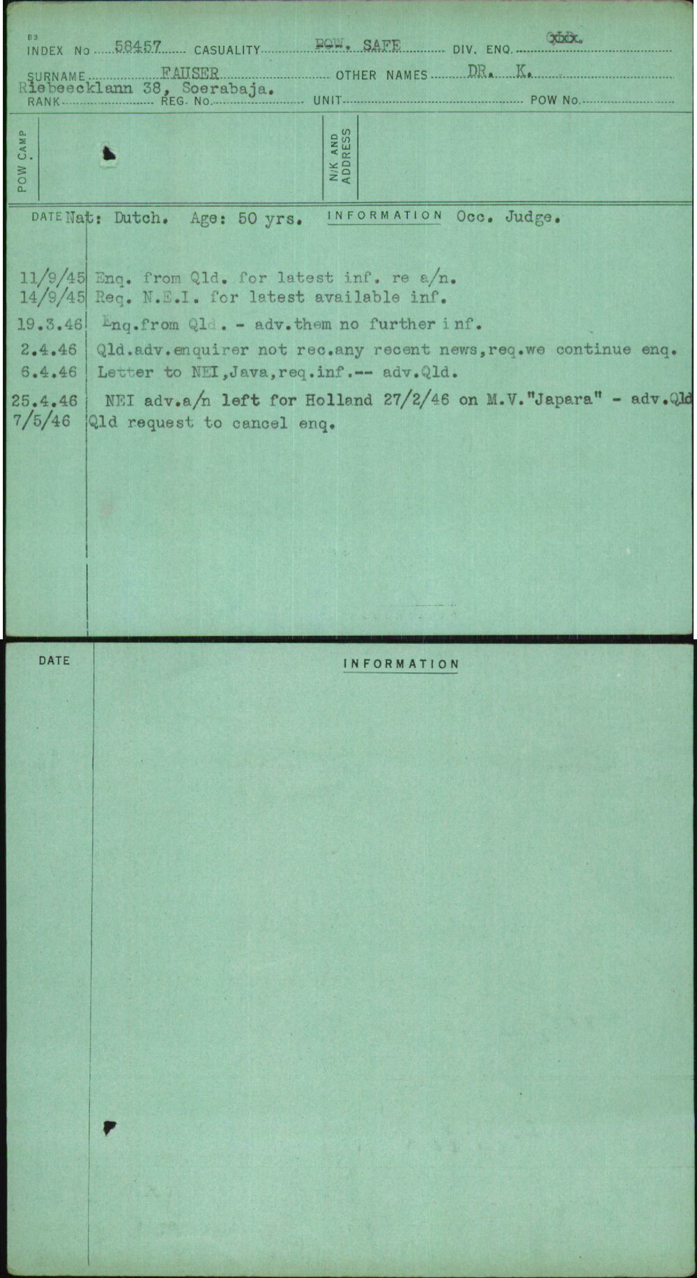 Fauser, Dr K, [No Service Number]