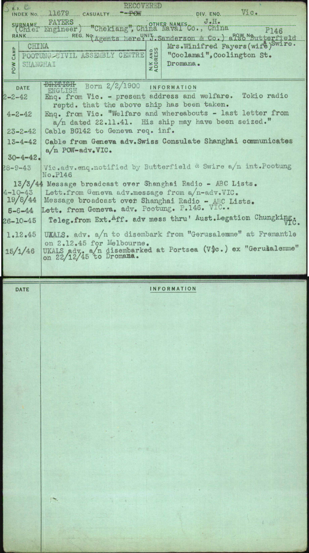 Fayers, J H, [No Service Number]