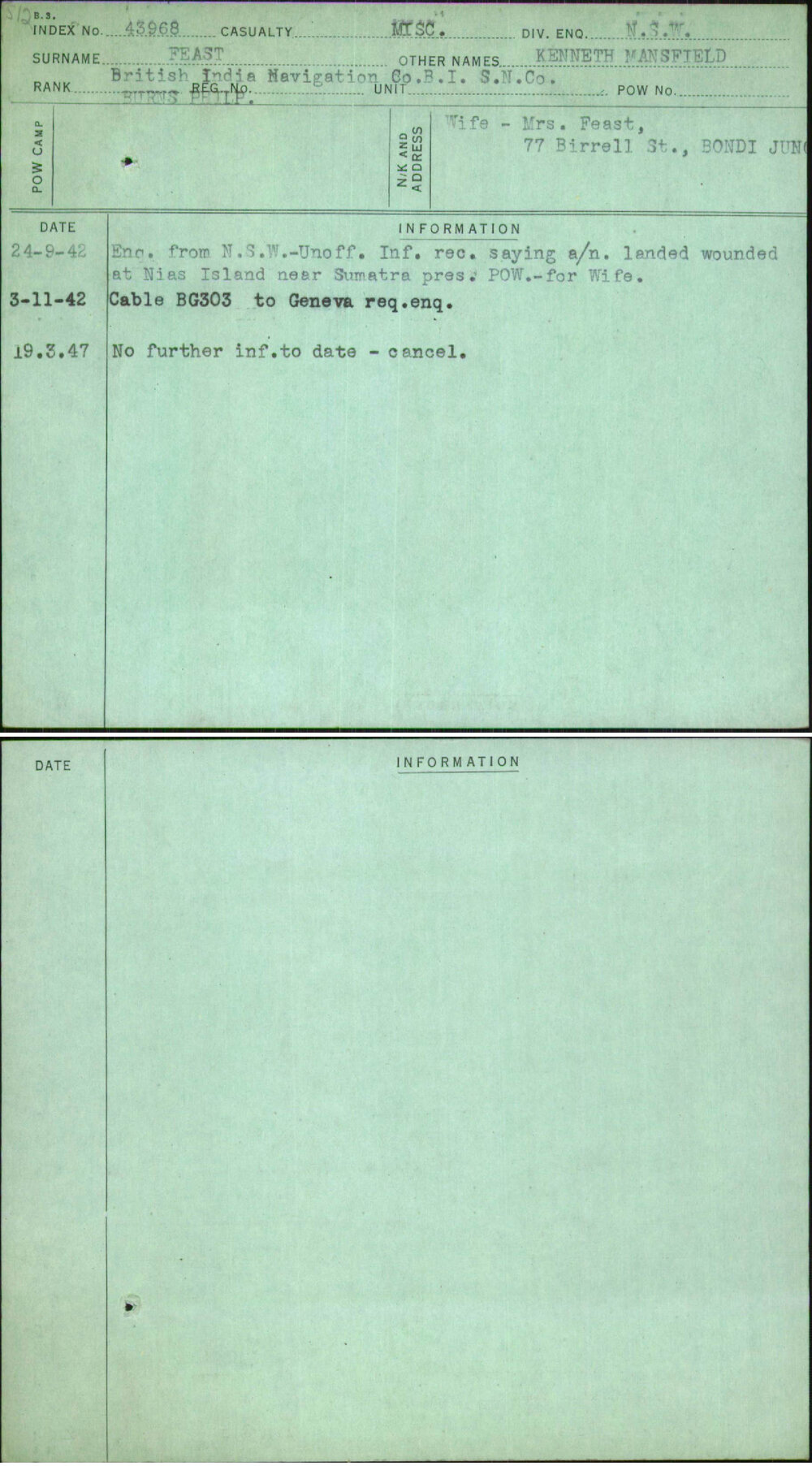 Feast, Kenneth Mansfield, [No Service Number]