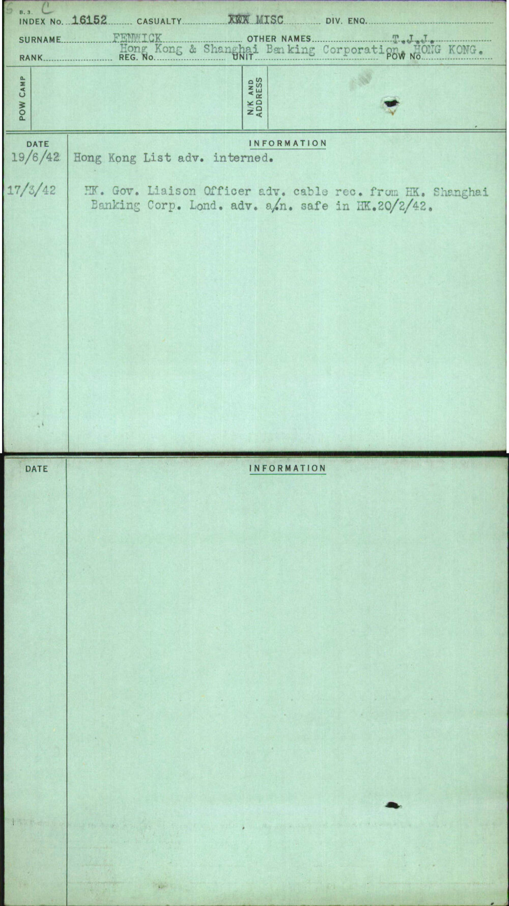 Fenwick, T J J, [No Service Number]