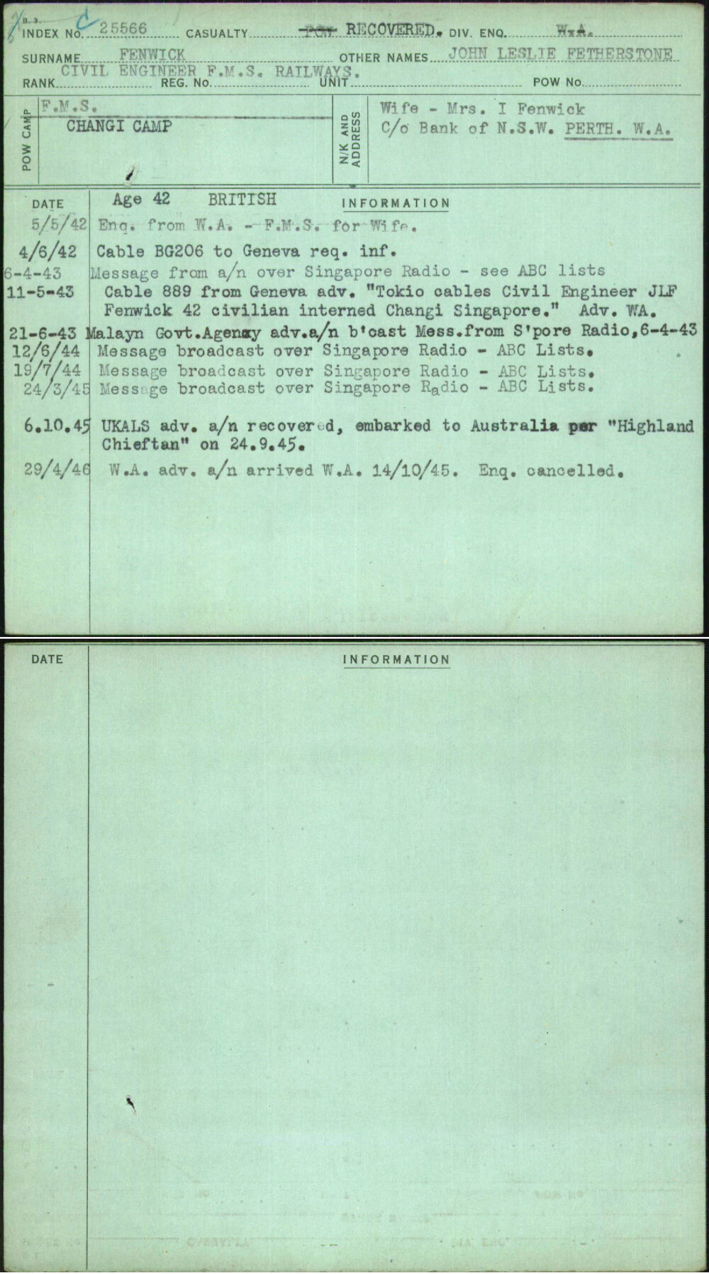 Fenwick, John Leslie Fetherstone, [No Service Number]