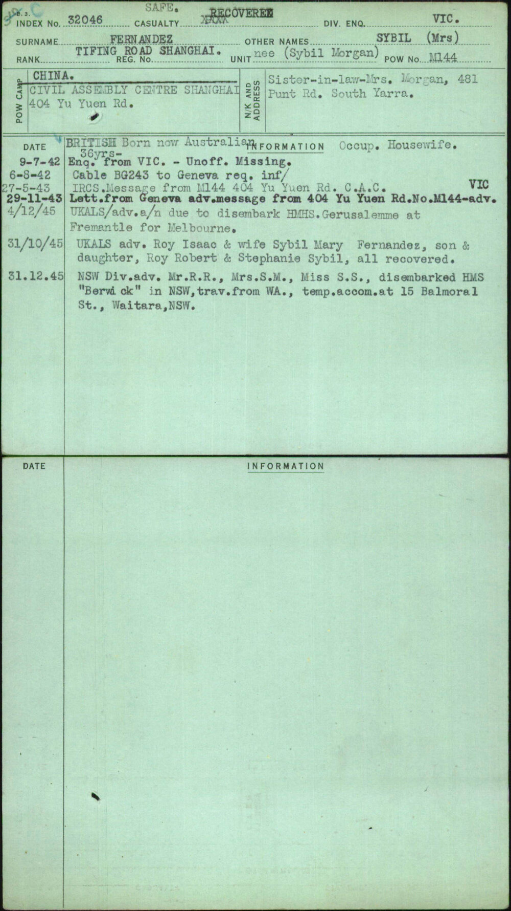Fernandez, Sybil (Mrs), [No Service Number]