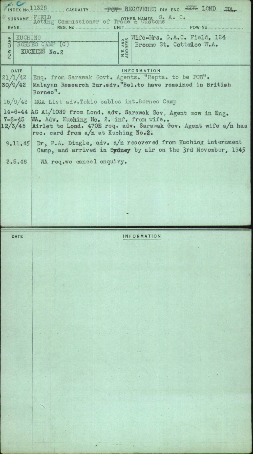 Field, G A C, [No Service Number]