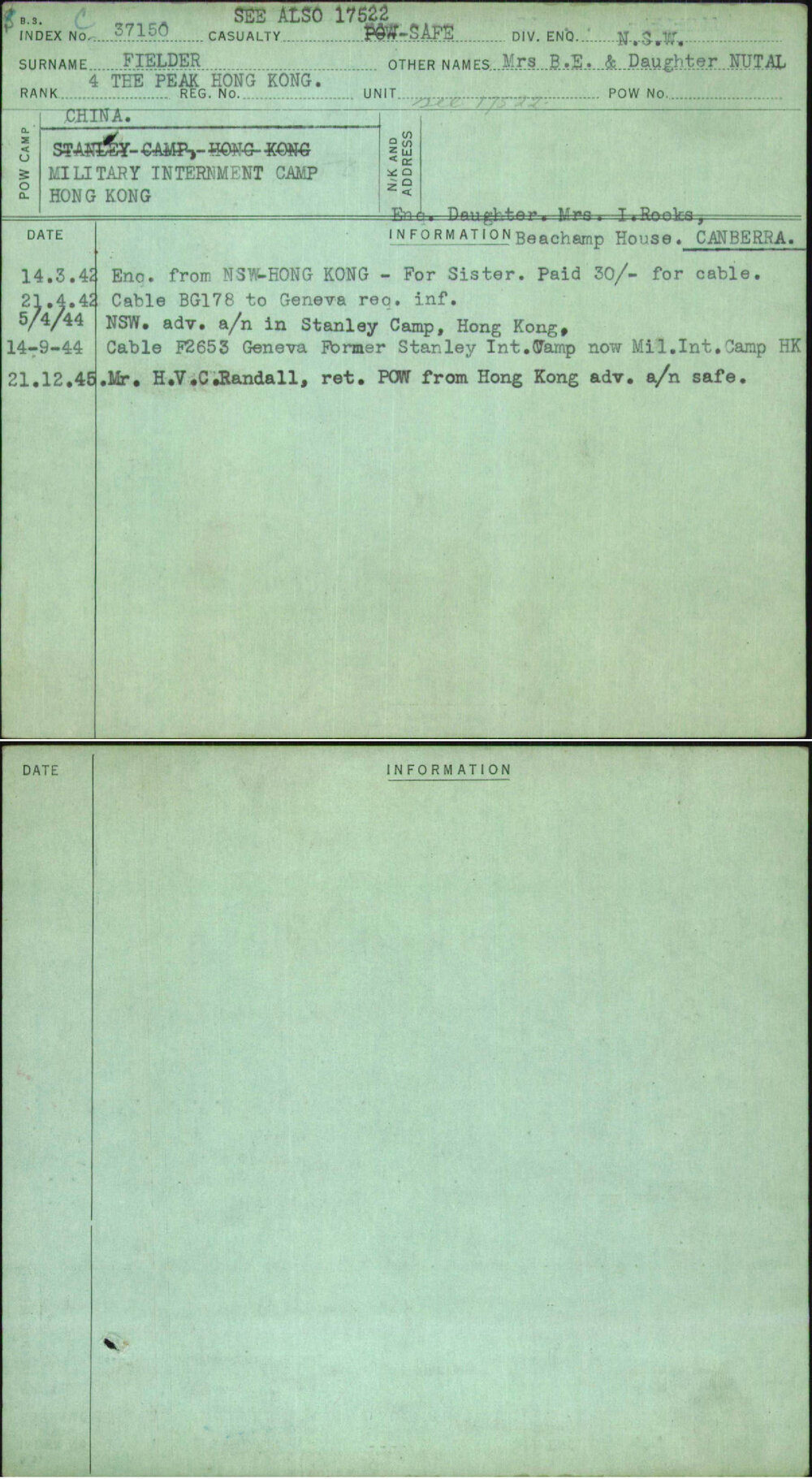 Fielder, Mrs B E &amp; Daughter Nutal, [No Service Number]