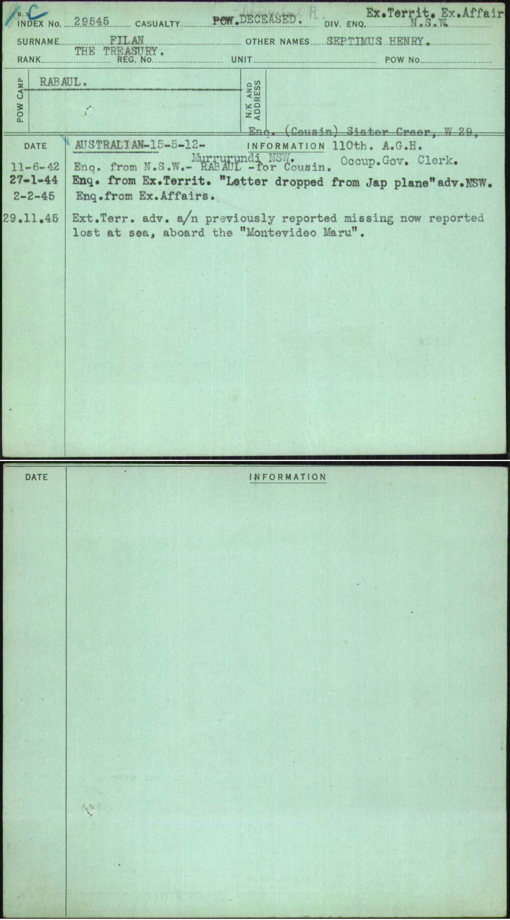 Filan, Septimus Henry, [No Service Number]
