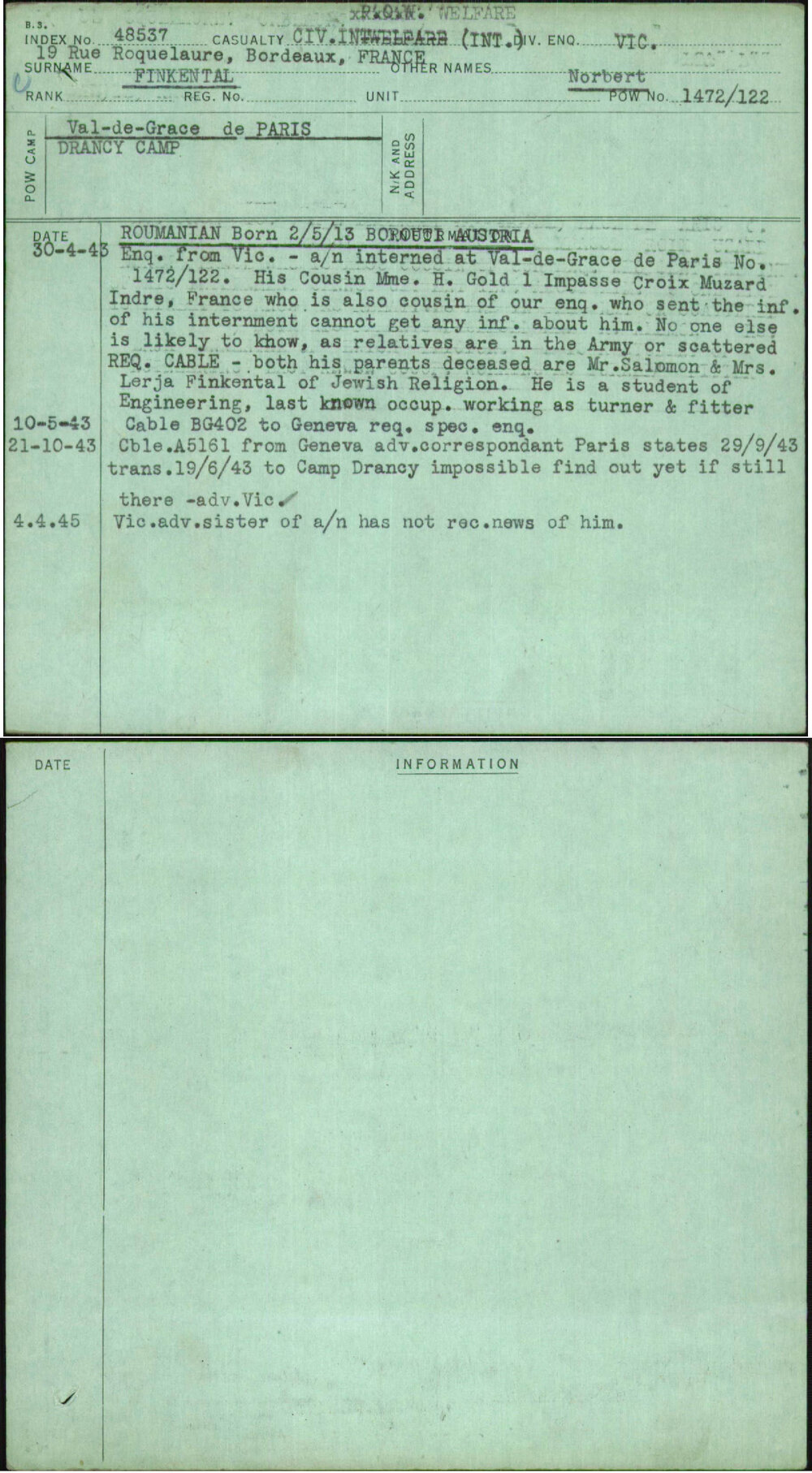 Finkental, Norbert, [No Service Number]