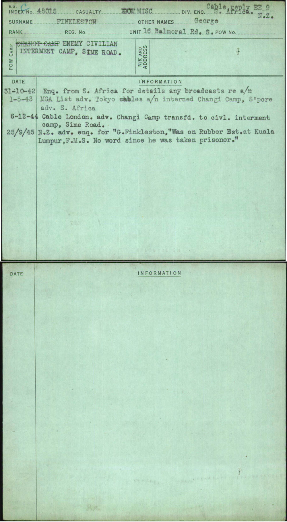 Finkleston, George, [No Service Number]