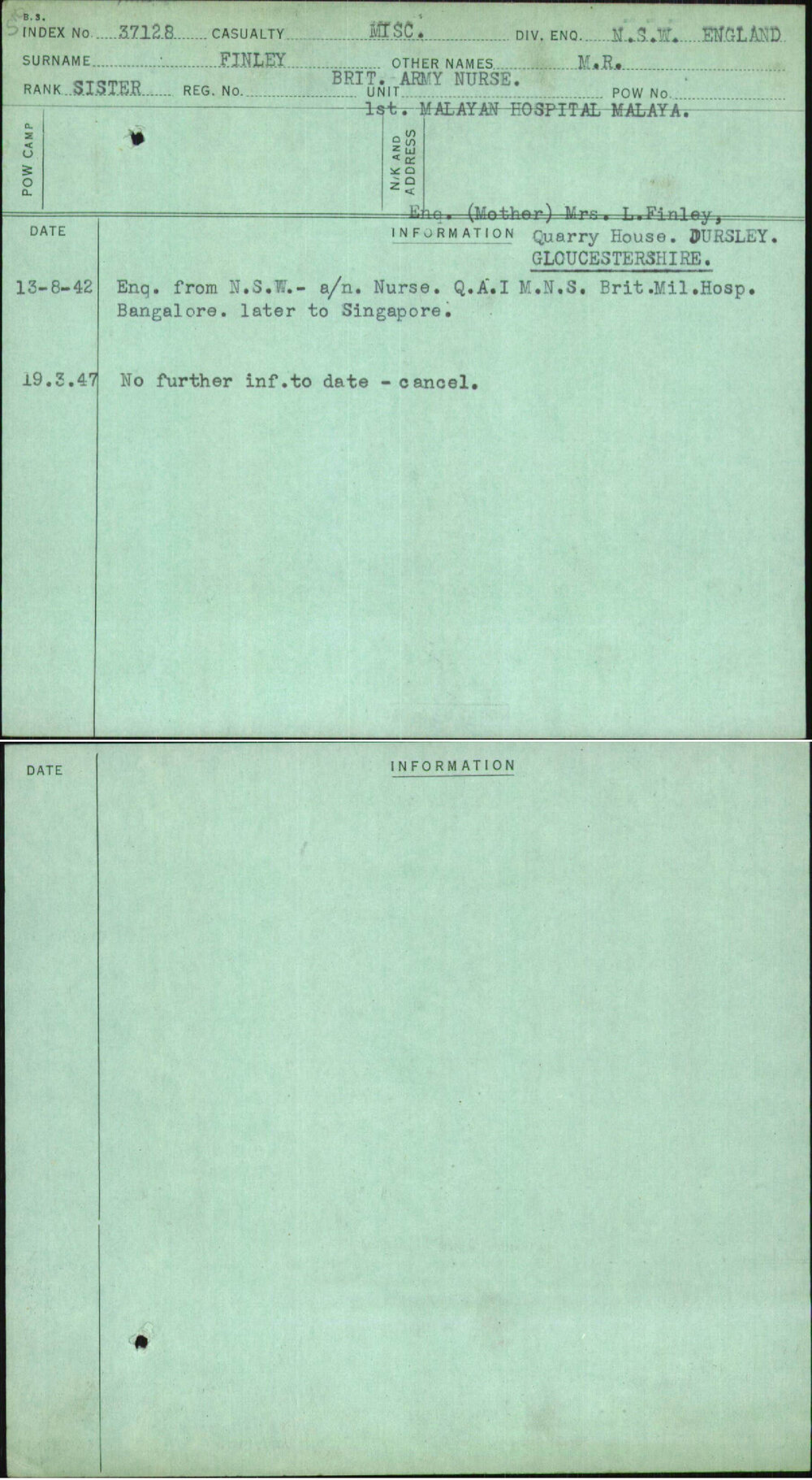 Finley, M R, [No Service Number]