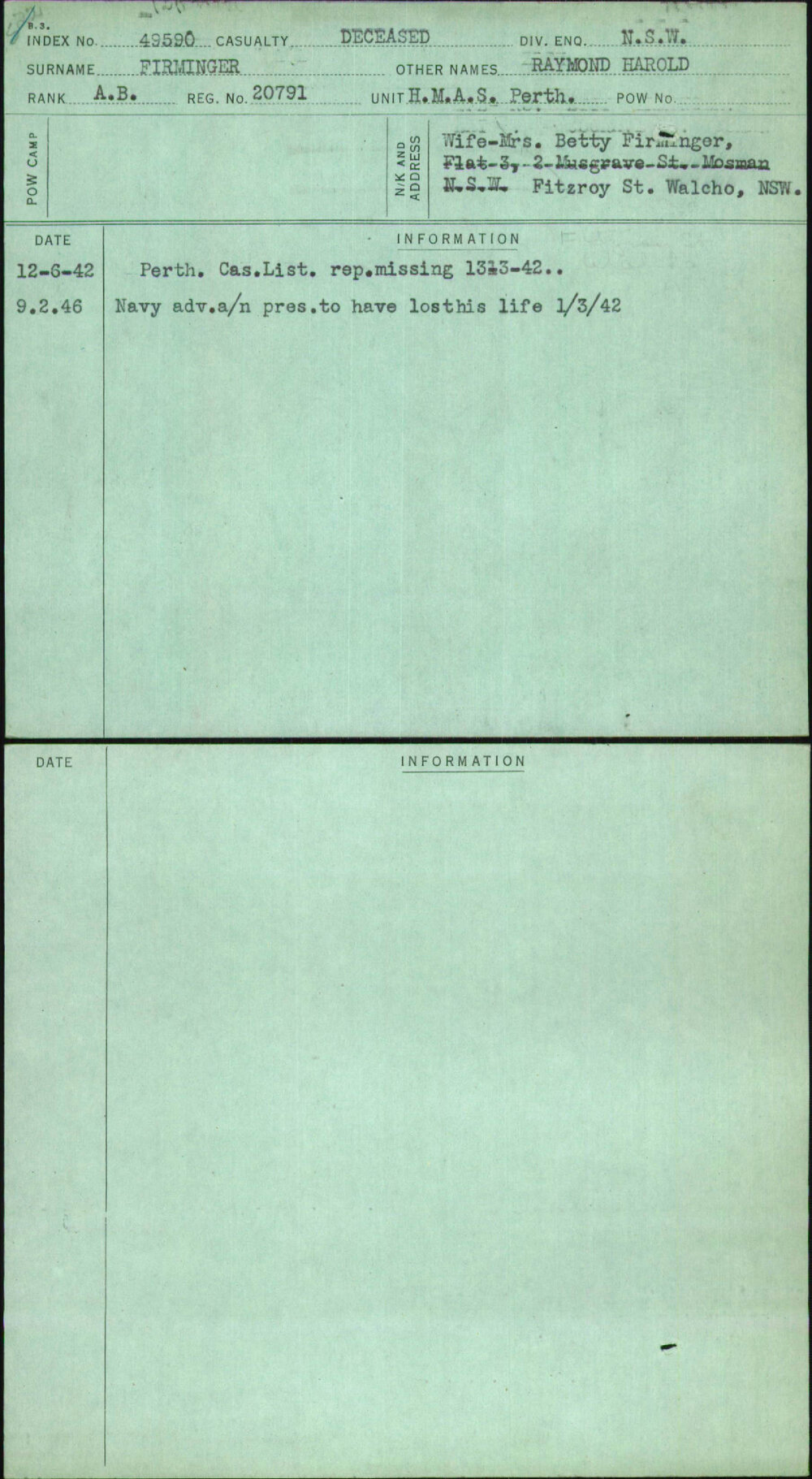 Firminger, Raymond Harold, 20791