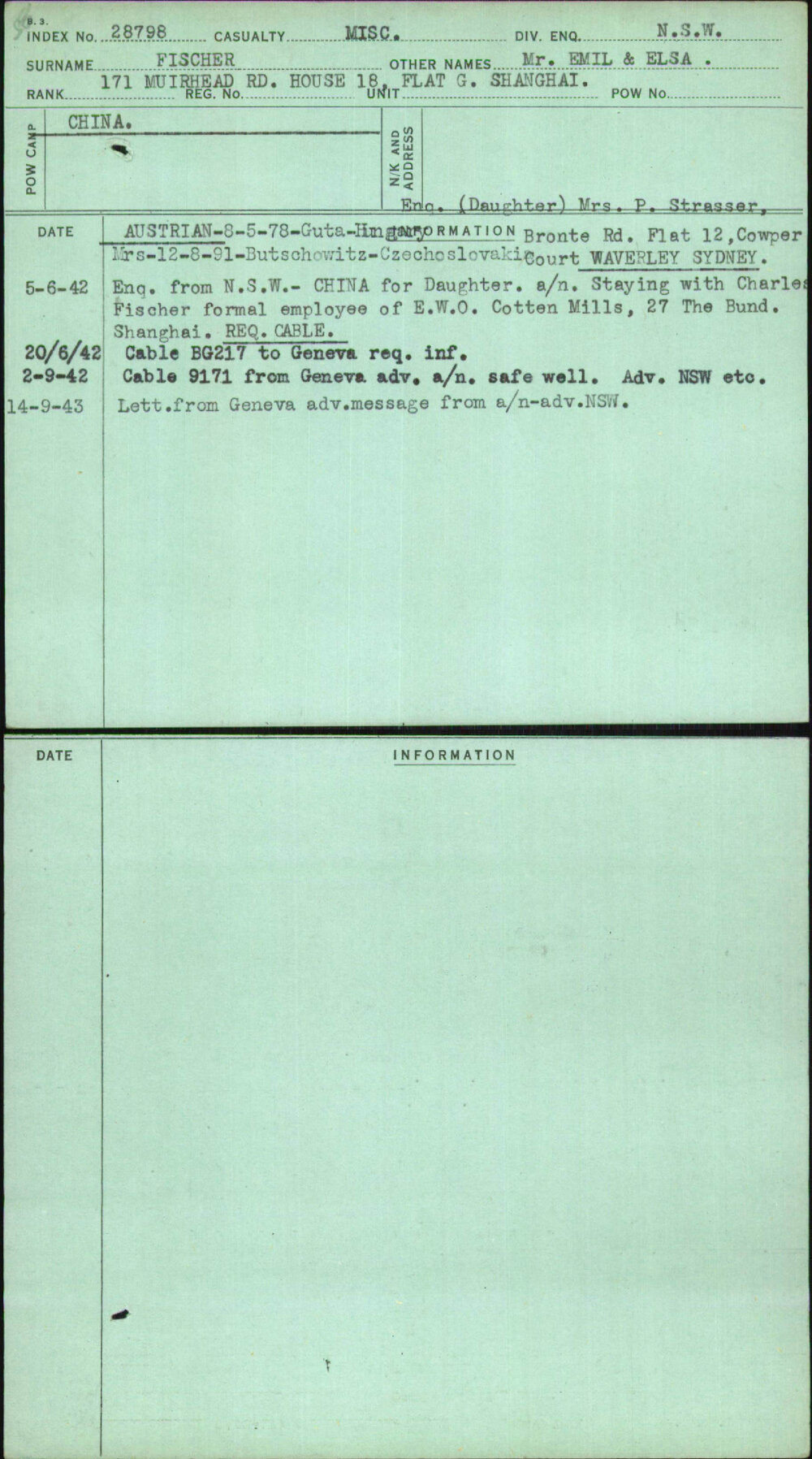 Fischer, Mr Emil &amp; Elsa, [No Service Number]