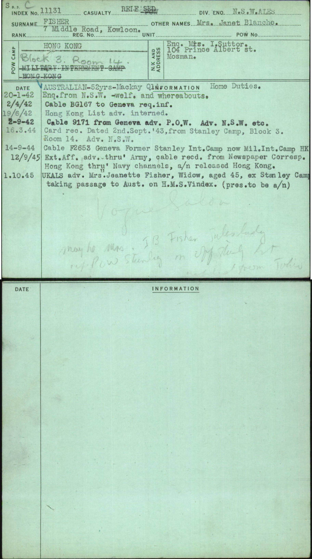 Fisher, Mrs Janet Blanche, [No Service Number]