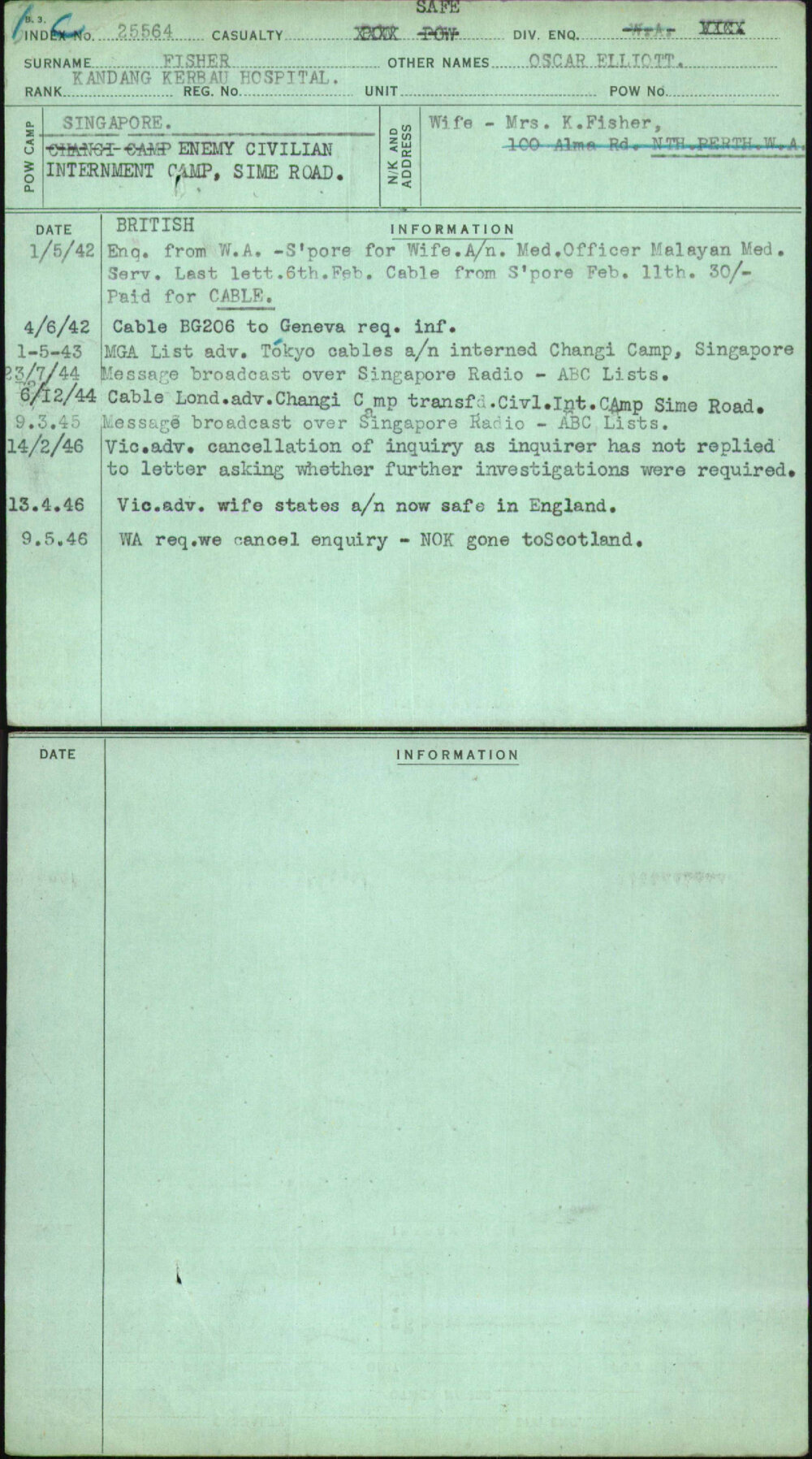 Fisher, Oscar Elliott, [No Service Number]