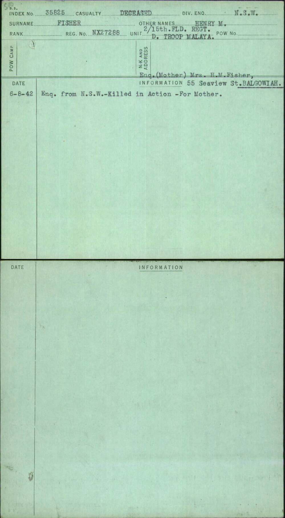 Fisher, Henry M, NX27288