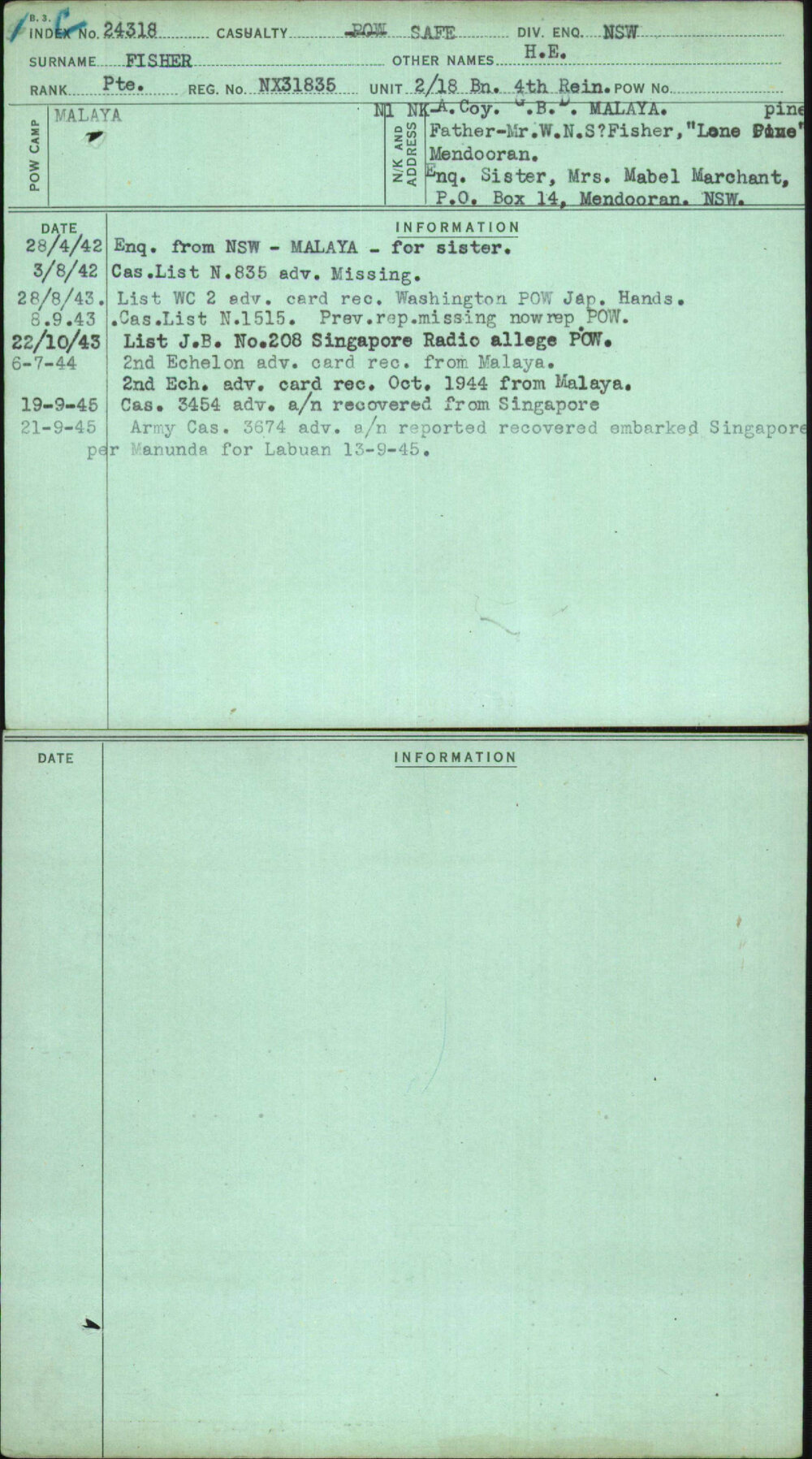 Fisher, H E, NX31835