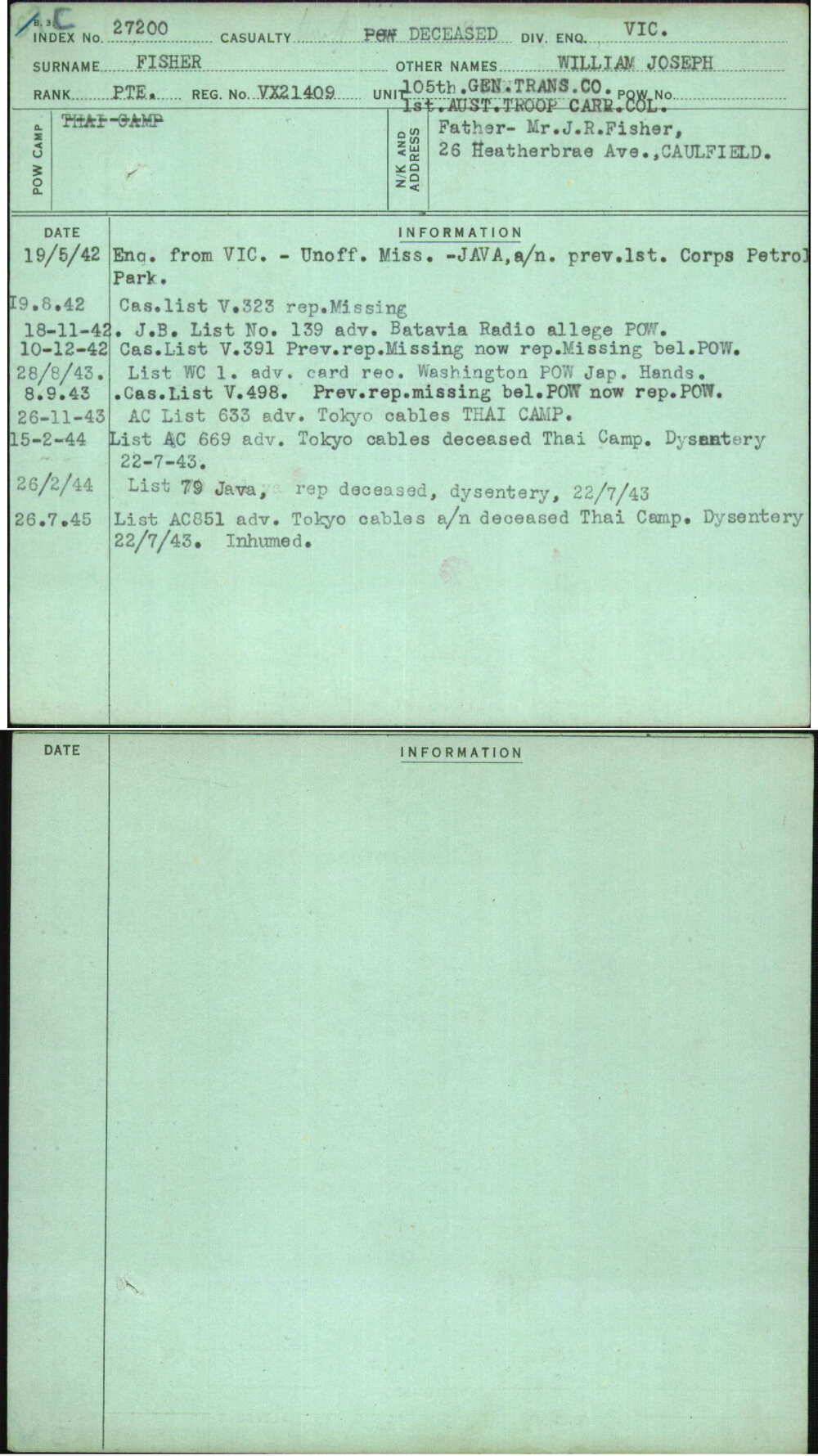 Fisher, William Joseph, VX21409