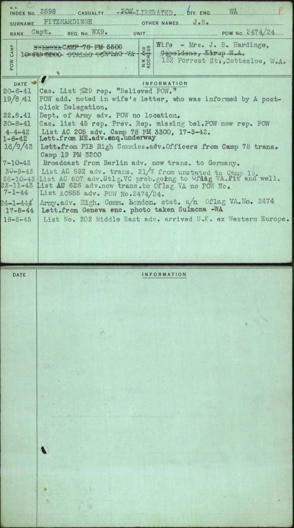 Fitzhardinge, J B, WX9